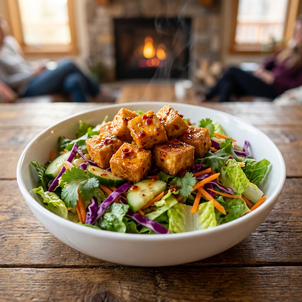Crispy Spicy Tofu Salad Bowl with Fresh Veggies
