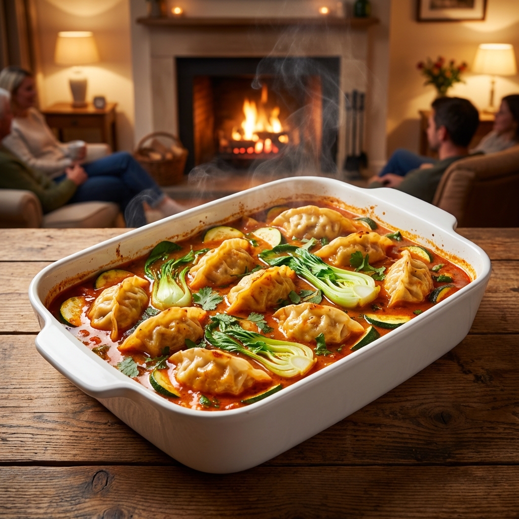 Easy One Pan Dumpling Bake with Red Curry Broth