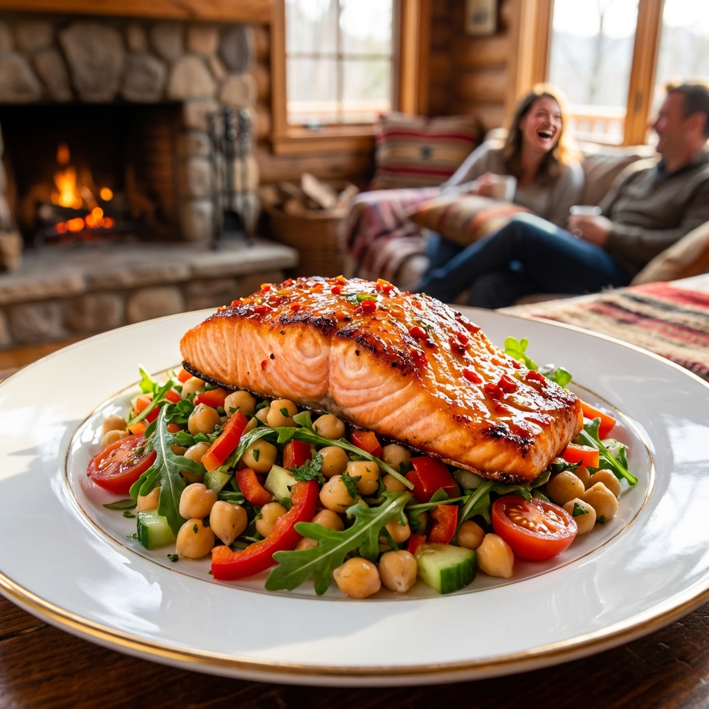 Espetacular Salmão Picante com Salada de Grão-de-Bico